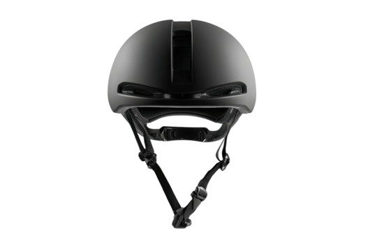 Matte black helmet, minimalist, frontal view, black background