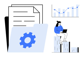 Folder with documents and gear icon, chart with rising data points, person using laptop on columns. Ideal for organization, teamwork, analytics, process, growth productivity efficiency. Simplistic