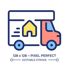 Home delivery service pixel perfect line color icon. Relocation service truck. Household transportation, real estate. Isolated vector illustration. Flat colorful symbol design. Editable stroke