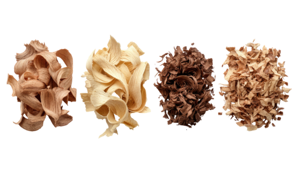 Four varieties of pasta, light beige, off-white, light brown, and dark brown, in heaps