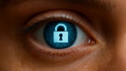 Cyber security and digital data protection concept showing an intense eye with lock, focus on privacy rights and safeguarding future of our personal identity - Powered by Adobe