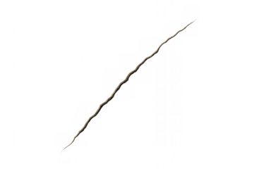 Diagonal crack creating damage on a textured surface with rugged edges over transparent background