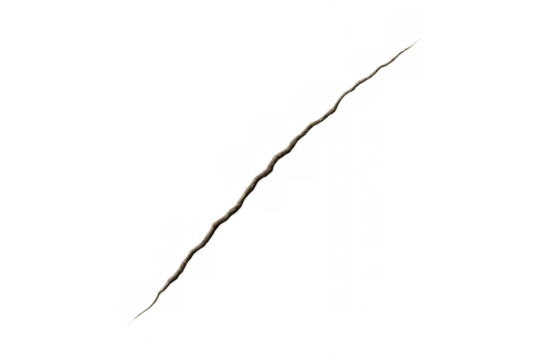 Diagonal crack creating damage on a textured surface with rugged edges over transparent background