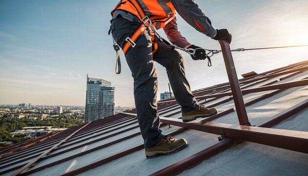 Worker with safety harness and lanyard standing on high-rise rooftop construction