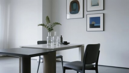 Fototapeta premium Minimalist dining area with modern table, chairs, and wall art