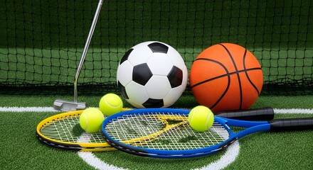 Various sports equipment arranged on artificial green turf, showcasing different ball types and rackets.