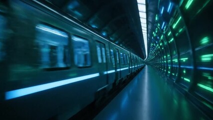 A modern train rushes through a futuristic tunnel illuminated by glowing blue and green lights. - Powered by Adobe