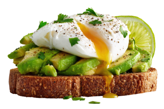 Avocado toast with poached egg and lime slice