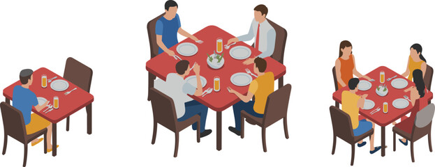 Isometric illustration of people dining at restaurant tables showing groups eating together, social interaction, food service and modern hospitality concepts