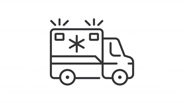 Animated ambulance line icon. Medically equipped vehicle animation. Patient transportation to hospital. Emergency medical services. Outline element on white background. HD video with alpha channel