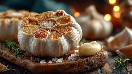 Roasted garlic head on rustic board