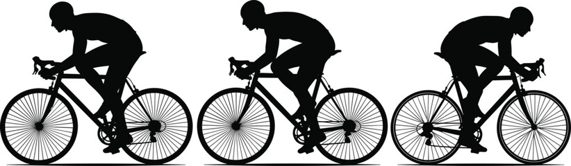 Cyclist silhouette vector set, black men riding bicycle, isolated sport athlete figures for racing logo design, fast bike rider collection and triathlon competition illustration.