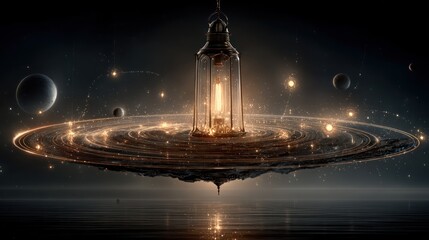 Floating lantern illuminating a cosmic galaxy above a dark, reflective expanse