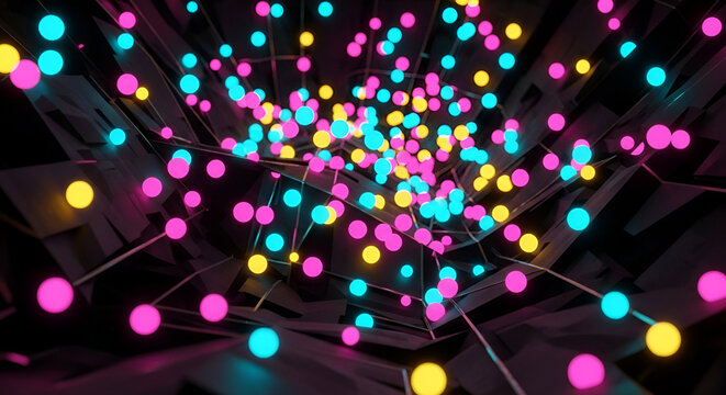 Vibrant spheres illuminate a modern geometric structure with neon color palette