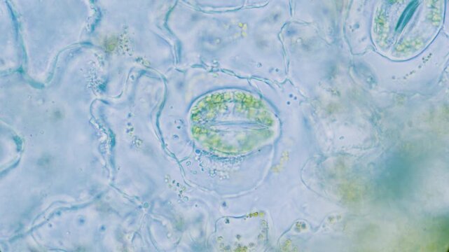Plant breathing cell stomata with chloroplasts inside, 1000x magnification