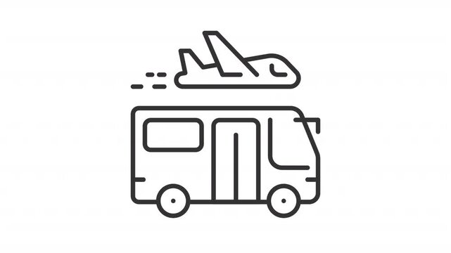 Animated airport shuttle line icon. Bus carrying passengers and luggage animation. Public vehicle. Airplane over driving . Outline element on white background. HD video with alpha channel