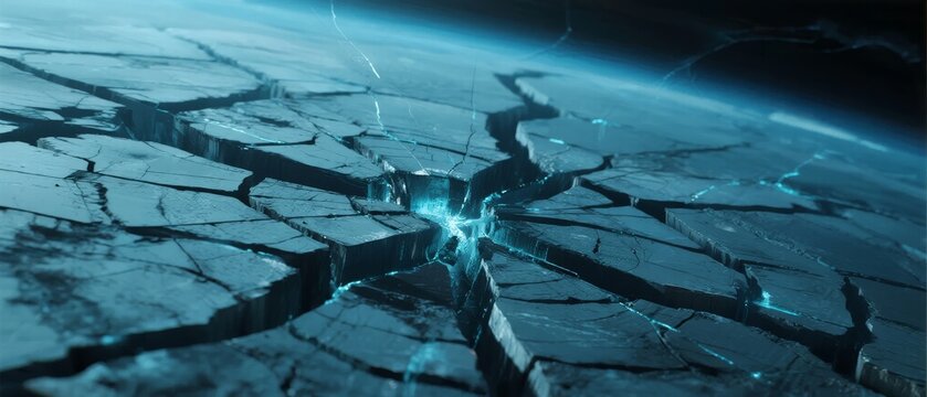 Cracked planetary surface with glowing blue energy fissures
