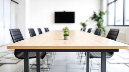 Interior of a minimalist office meeting space with a large table prepared for discussion and collaboration