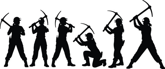 Female miner silhouette set, collection of women with pickaxe tools, industrial hard hat workers, isolated on white, strong female labor, mining and construction concept.