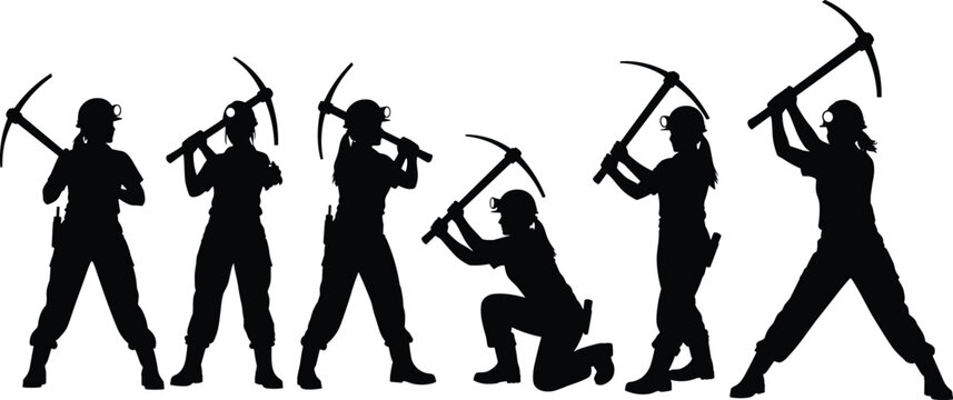 Female miner silhouette set, collection of women with pickaxe tools, industrial hard hat workers, isolated on white, strong female labor, mining and construction concept.