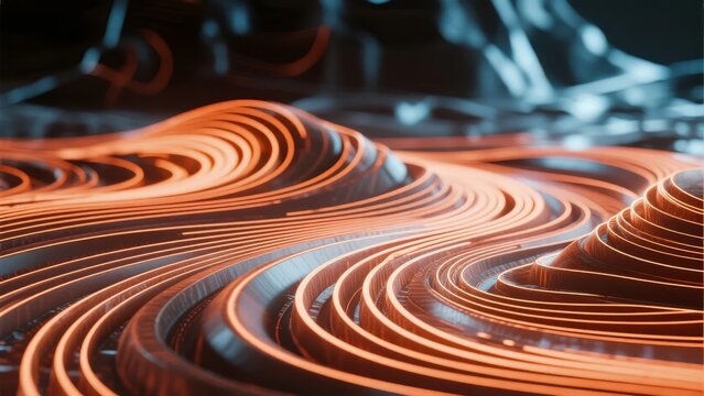 Close-up of glowing copper coils in a dynamic, wave-like pattern with warm lighting and blurred background