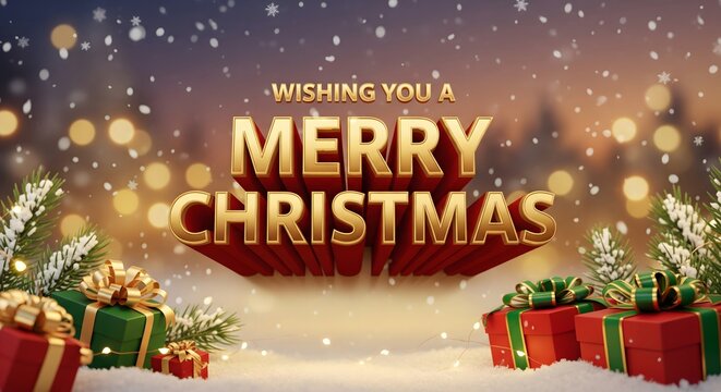 Golden merry christmas text surrounded by snowy pine trees and gift boxes - Powered by Adobe