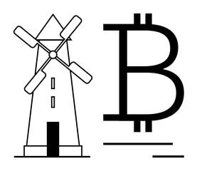 Windmill next to bold Bitcoin symbol representing renewable energys role in powering cryptocurrency. Ideal for finance, technology, sustainability, innovation, digital economy, blockchain, renewable