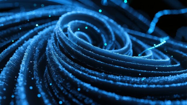 Abstract blue spiral composed of glowing particles and light trails in a dynamic, swirling pattern