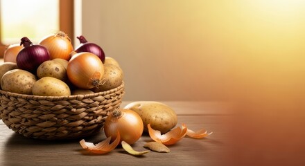 Still life composition featuring potatoes and onions in a rustic basket
