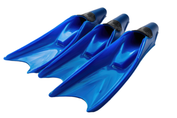 Three vivid blue diving fins against black