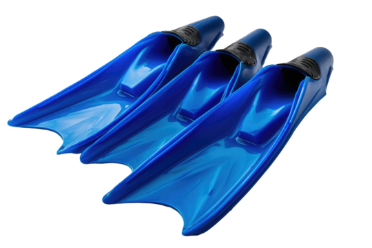 Three vivid blue diving fins against black