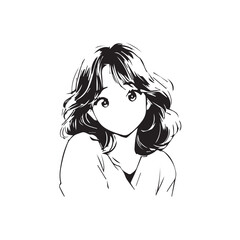 Beautiful Kawaii Girl Black and White Vector Illustration in Cute Simple Line Art Style