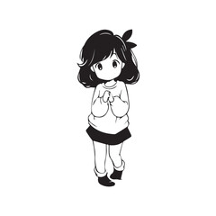Beautiful Kawaii Girl Black and White Vector Illustration in Cute Simple Line Art Style