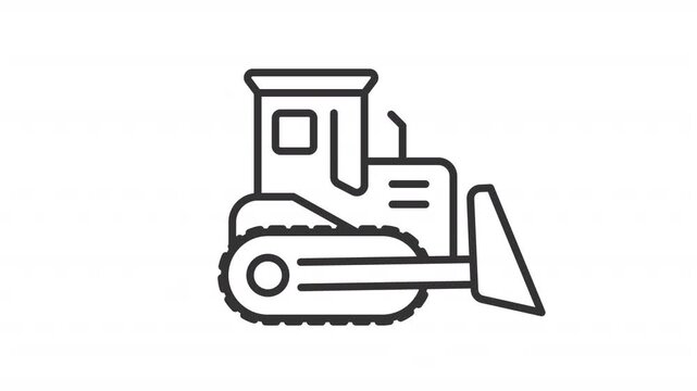 Animated bulldozer line icon. Tractor with large metal blade animation. Pushing, digging and leveling materials machine. Outline element on white background. HD video with alpha channel
