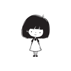 Beautiful Kawaii Girl Black and White Vector Illustration in Cute Simple Line Art Style