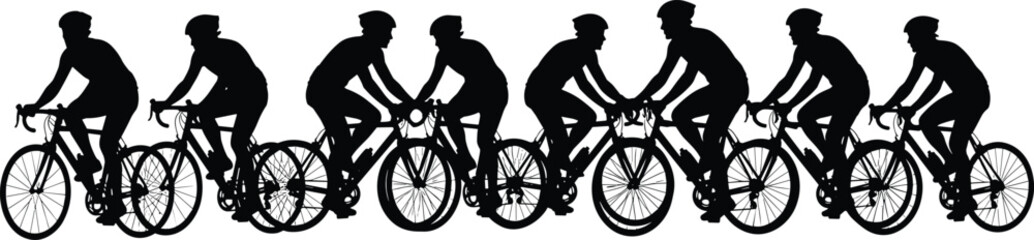 Group of black cyclist silhouettes riding road bikes in a race competition isolated on white background for sport, fitness, and athletic vector illustration design.
