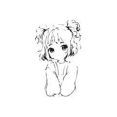 Beautiful Kawaii Girl Black and White Vector Illustration in Cute Simple Line Art Style