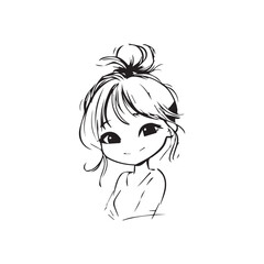Beautiful Kawaii Girl Black and White Vector Illustration in Cute Simple Line Art Style