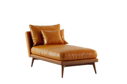 Leather chaise lounge with two pillows, wood frame