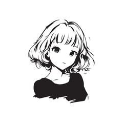 Beautiful Kawaii Girl Black and White Vector Illustration in Cute Simple Line Art Style