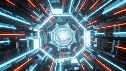 Futuristic hexagonal tunnel with glowing blue and orange neon lights creating a symmetrical, high-tech corridor.