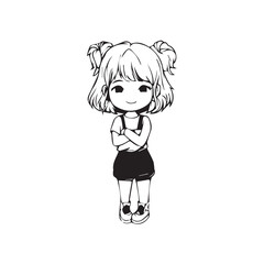 Beautiful Kawaii Girl Black and White Vector Illustration in Cute Simple Line Art Style