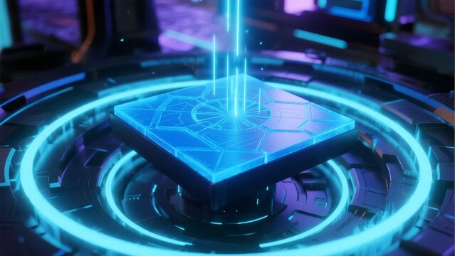 Futuristic glowing platform with holographic interface in a high-tech environment