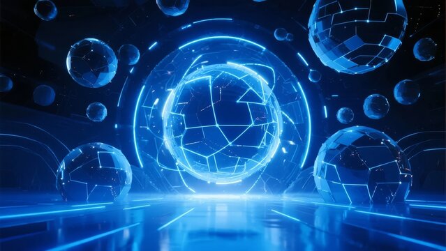 Digital globe with interconnected spheres in a futuristic blue environment