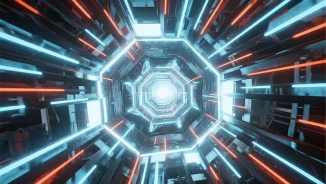 Futuristic hexagonal tunnel with glowing blue and orange neon lights creating a symmetrical, high-tech corridor.