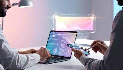 Two professionals collaborate on data analysis using laptop and smartphone technology. - Powered by Adobe
