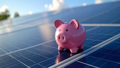 Piggy bank on solar panels - saving money with renewable energy.