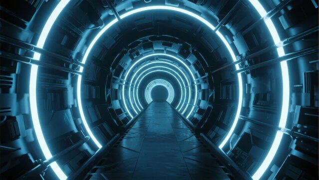 Futuristic illuminated tunnel with circular neon lights and metallic walls