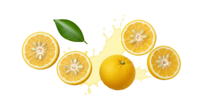 Freshly Sliced Yellow Citrus Fruit with Juice Splashes and Green Leaf