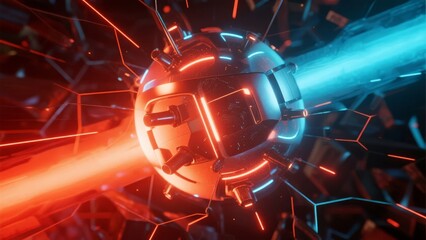 Futuristic spherical spacecraft with glowing red and blue lights in a high-tech environment